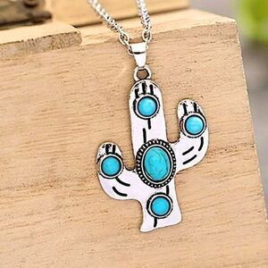 Southwestern Turquoise Inlay Silver Cactus Pendant Necklace